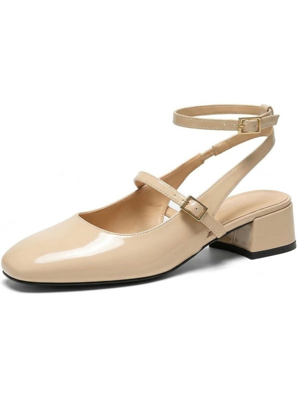 Women's Beige Square Toe Mary Jane Pumps Chunky Low Heels Ankle Strap Shoes